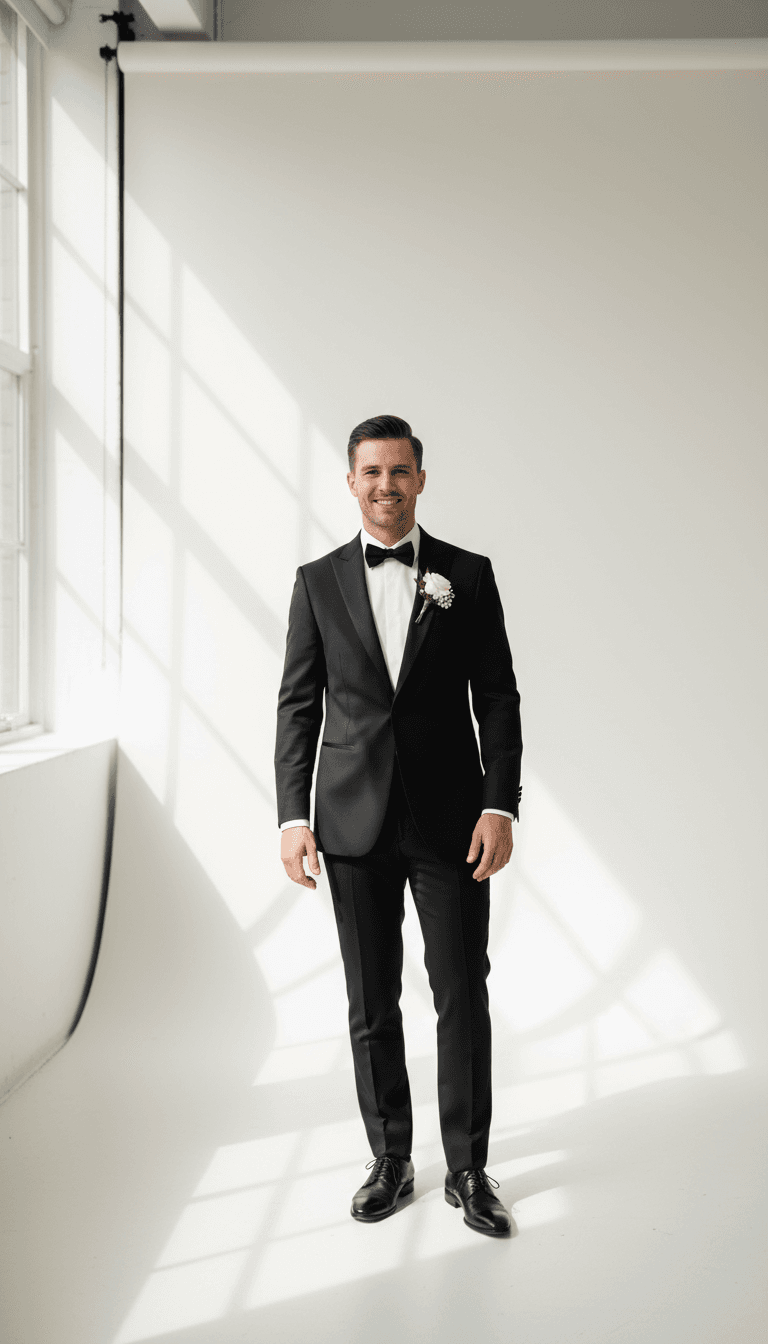 Mwanaume amevaa tuxedo ya kisasa nyeusi na kulla nyeupe