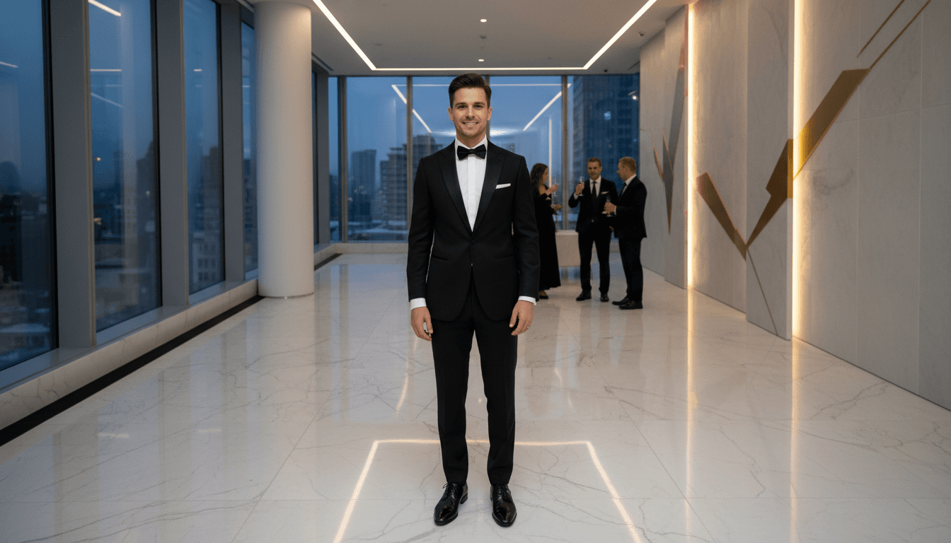 Groom katika tuxedo ya kisasa na elegant styling