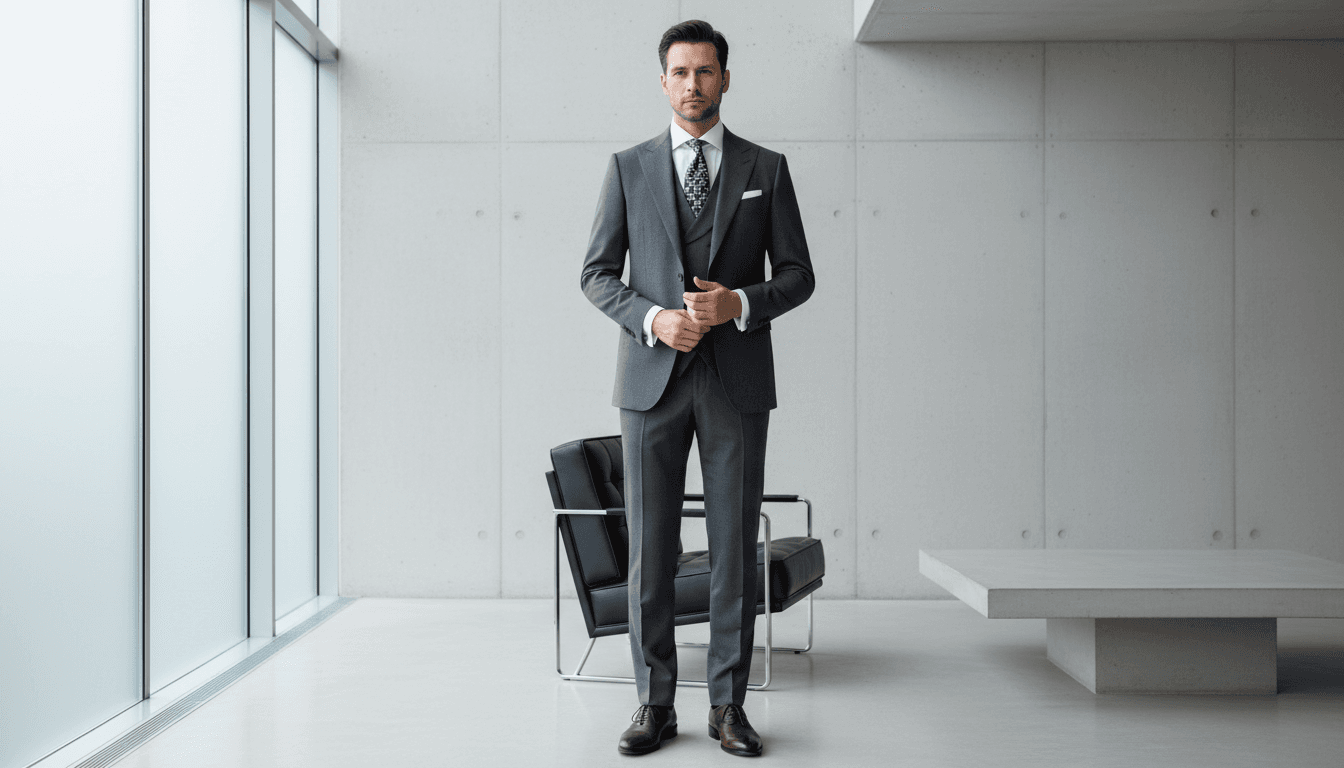 Suti ya kijivu na muundo wa minimalist luxury